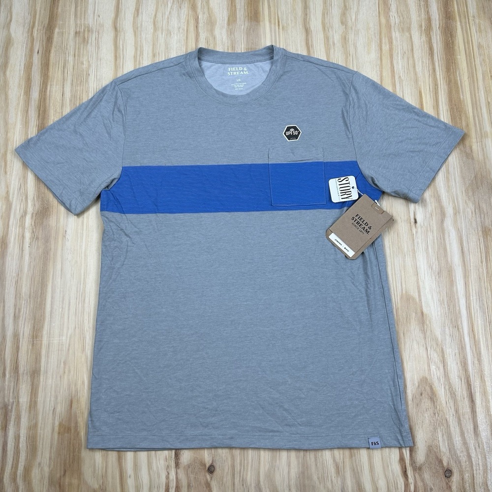 Field & Stream NEW‎ L Deep Runner Short Sleeve Pocket Tee UPF 50 Gray Stripe